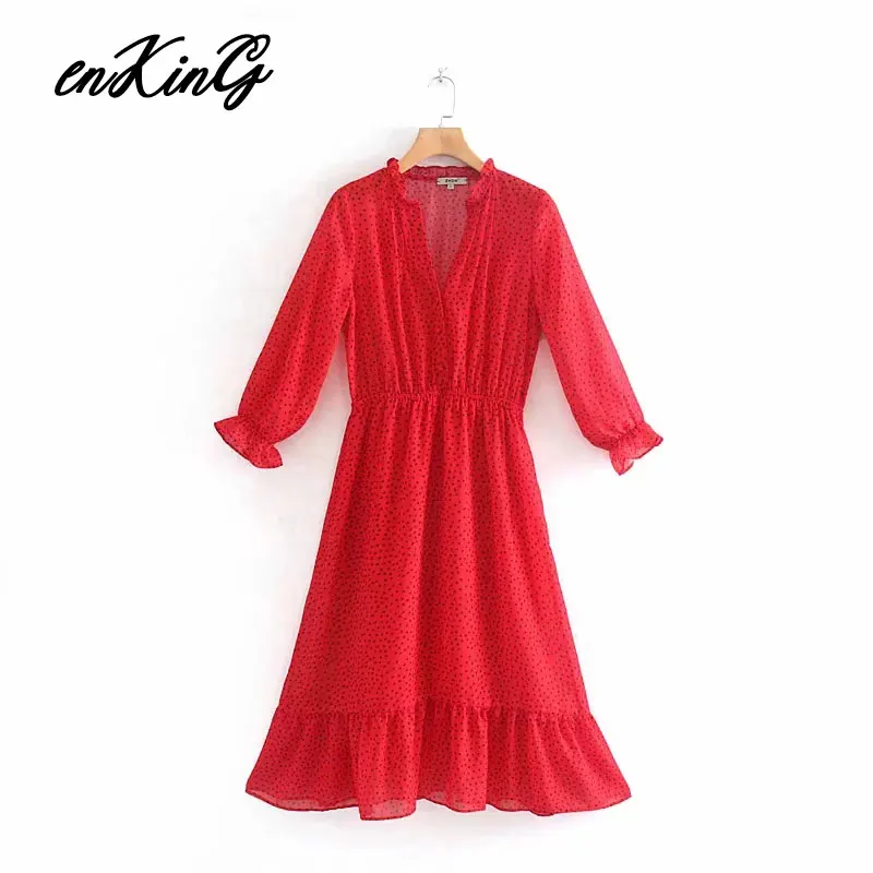 

2019 women dress casual dot print v neck red autumn spring streetwear v neck dress women vestidos de fiesta de noche vestidos