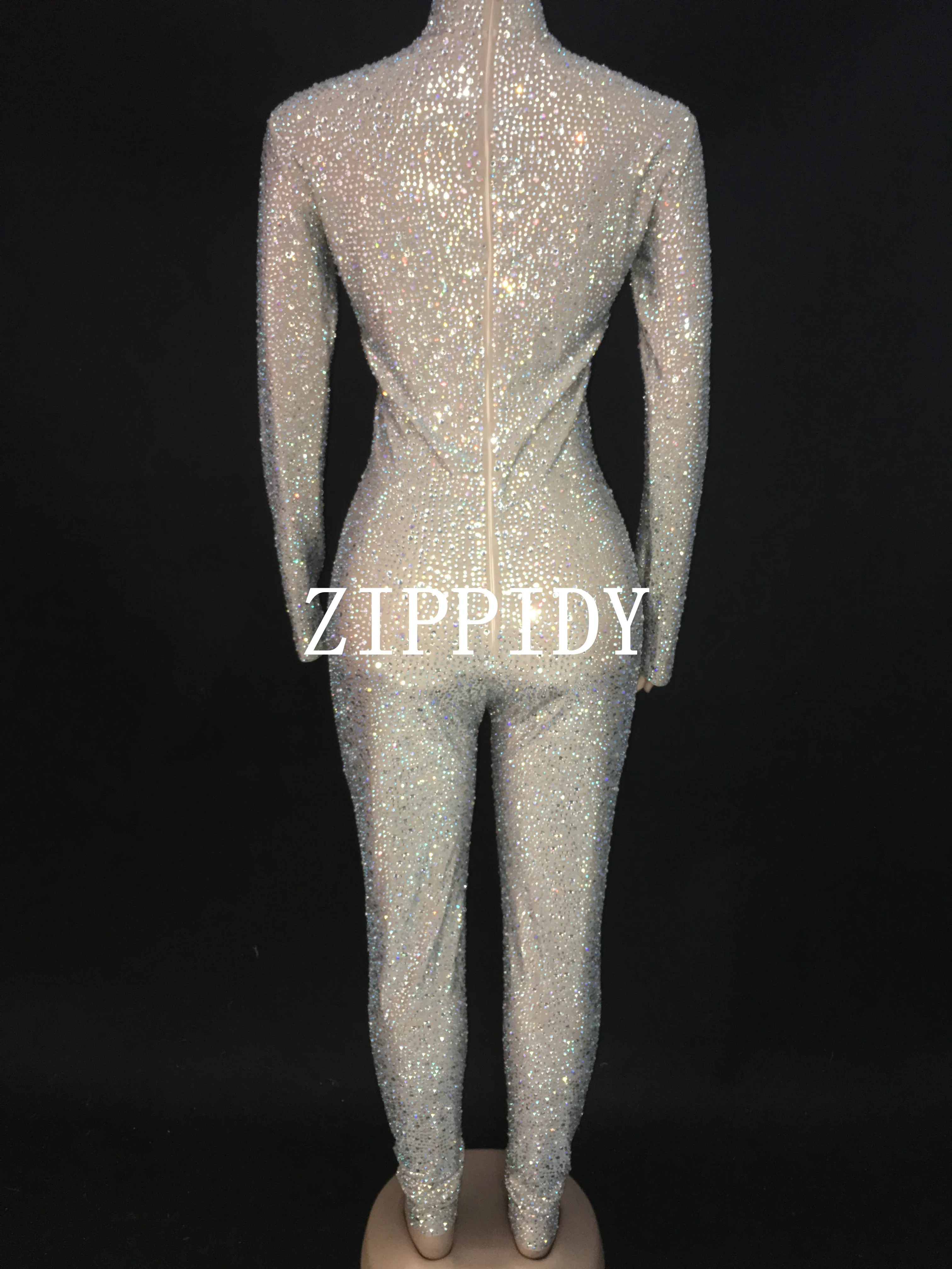 Полный Блестящий AB Стразы телесного цвета комбинезон с длинными рукавами боди, декорированное камнями вечерние для выступлений роскошный сексуальный костюм танцевальный наряд