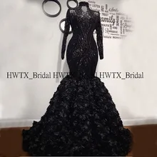 Длинное нигерийское сексуальное платье для выпускного вечера es с высоким воротом и длинным рукавом, черное платье русалки с блестками и 3D цветами, Африканское женское платье для выпускного вечера