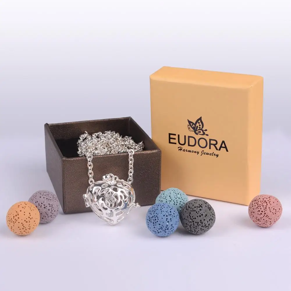 Eudora Rose Heart design Cage Essential Oil Aroma diffuser Pendant Necklace colorful Volcanic lava stone ball or chime ball H164