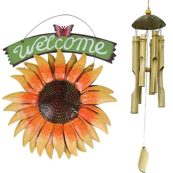 

Handcrafts Vintage Metal Butterfly Sunflower Welcome Sign Front with Coconut Wood Handmade Bamboo Wind Chimes
