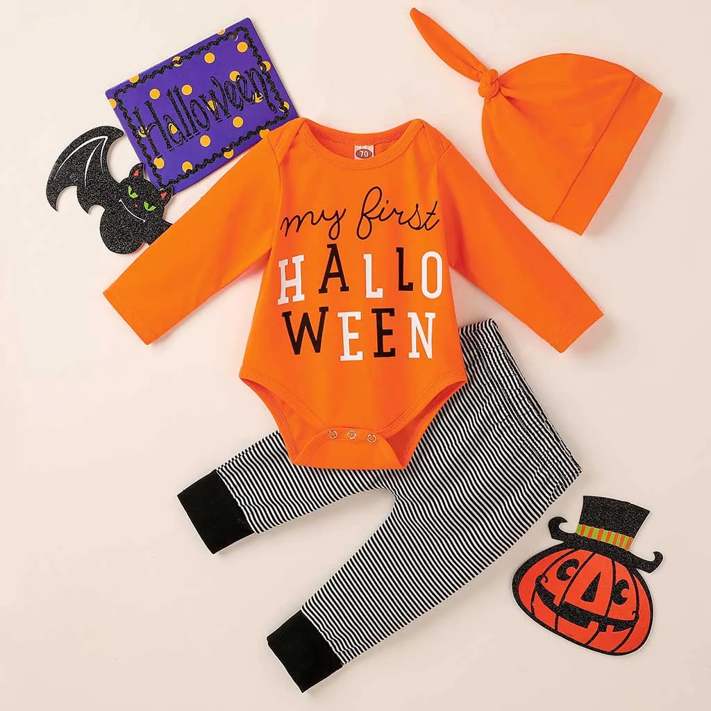 New Children Clothes Festival-wear Costume Newborn Infant Baby Boy Girl Halloween Letter Romper Pumkin Pants Hat Cap Outfit