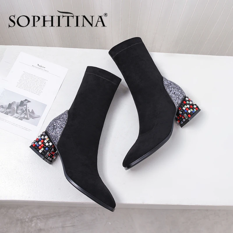 

SOPHITINA Mid Calf Flock Women Boots New Design High Thick Heel Warm Round Toe Office Ladies Shoes Fashion Elegant Boots MO415