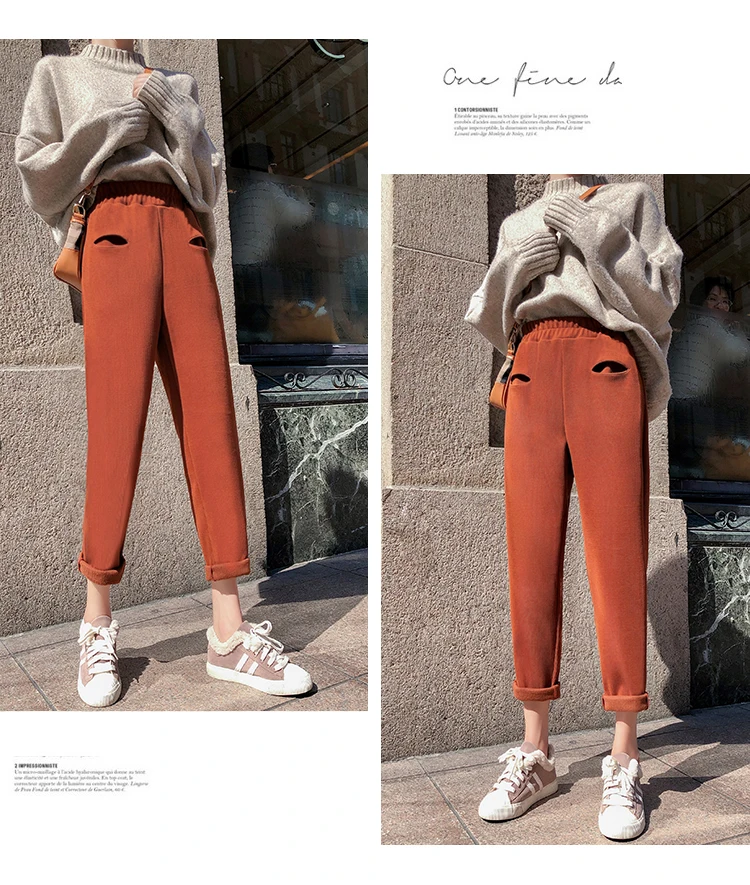 KINOMI Autumn Winter Thicken Corduroy Trouser for Women High Waist Women Pants Female Korean Harem Casual Long Pants New