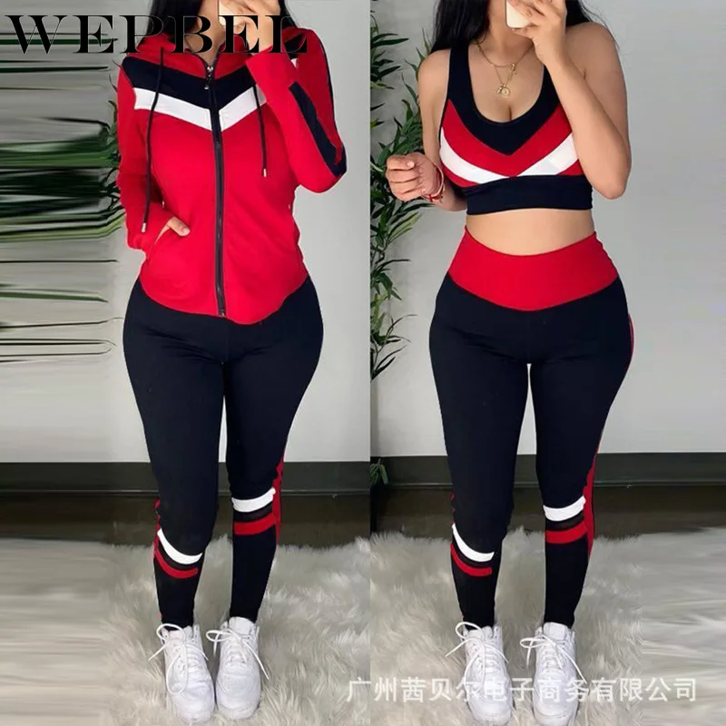 

WEPBEL Autumn Casual Long-Sleeved Hooded Jacket + Short Vest + Elastic High-Waist Pants Suit Women's Three-Piece Sports Suit