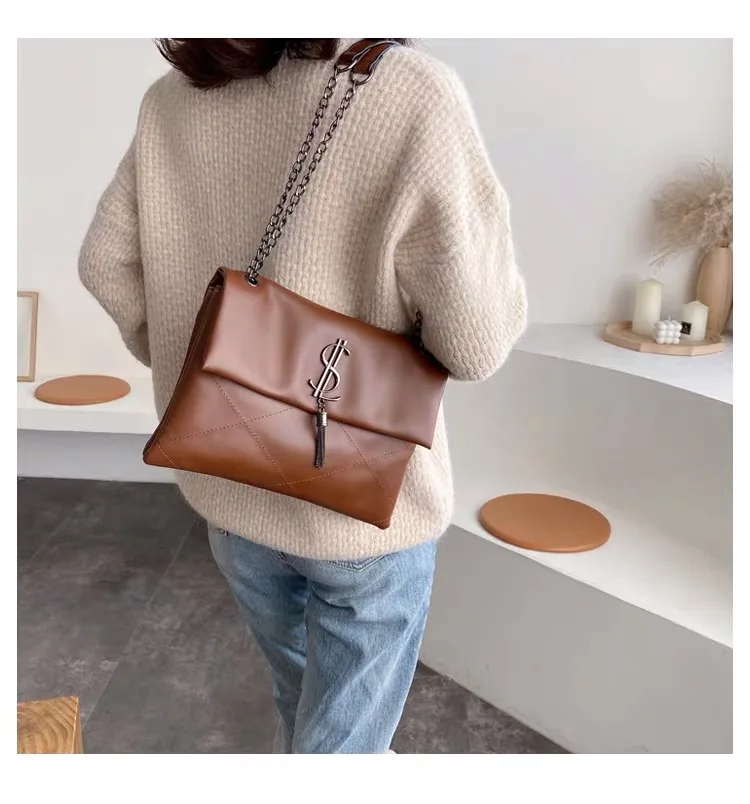 Bolso de hombro de cuero de para mujer, bolso de bandolera con cadena, Bolso grande de diseñador de marca famosa, bolso de