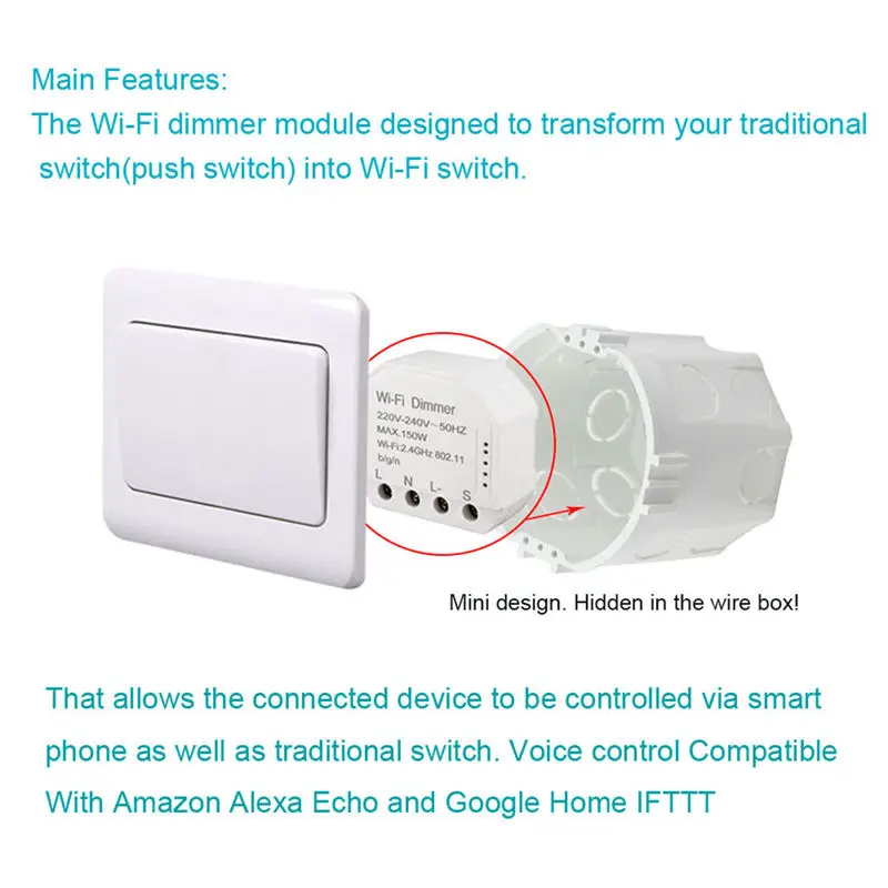 Wifi смарт-диммерный модуль 220 V-240 V 150W Управление; Таймер Выключатель света голосового Управление работает для Tuya Amazon Alexa Google Home в том случае, если