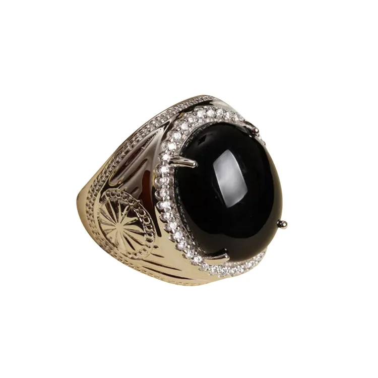 

925 Sterling Gemstone Ring Men's Adjustable Luxury Extra Large Main Stone Rings Hand Jewelry Natural Black Agate Ring