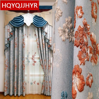 

Blue luxury 3D embossed jacquard thick floor curtains for living room windows high quality embroidered Voile Curtain for bedroom