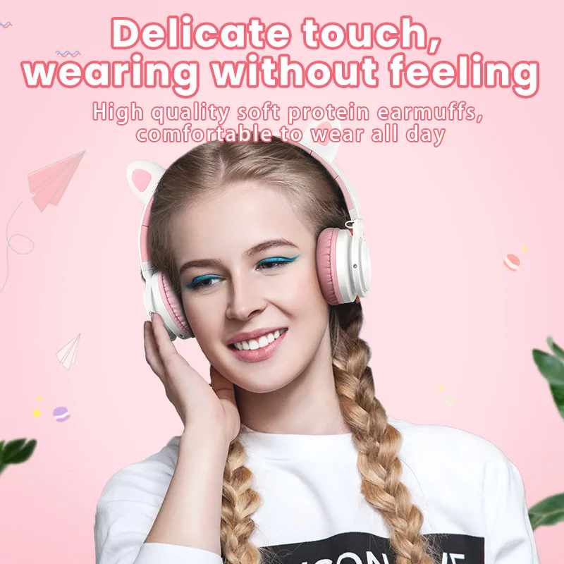 Kids Cute Cat Bluetooth 5 0 Headphones LED light Cat Ears Wireless Headphone TF Headset Hifi Stereo For Girl kid Phone Pc
