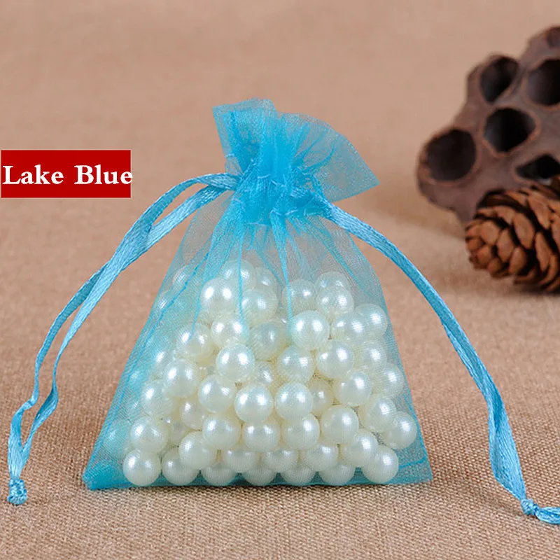 lake blue 100 шт., 7x9 9x12, 10x15 см, сумки из органзы для ювелирных изделий, мешочки на завязках для детского душа, вечерние подарочные пакеты на свадьбу, сумки для конфет - Цвет: lake blue