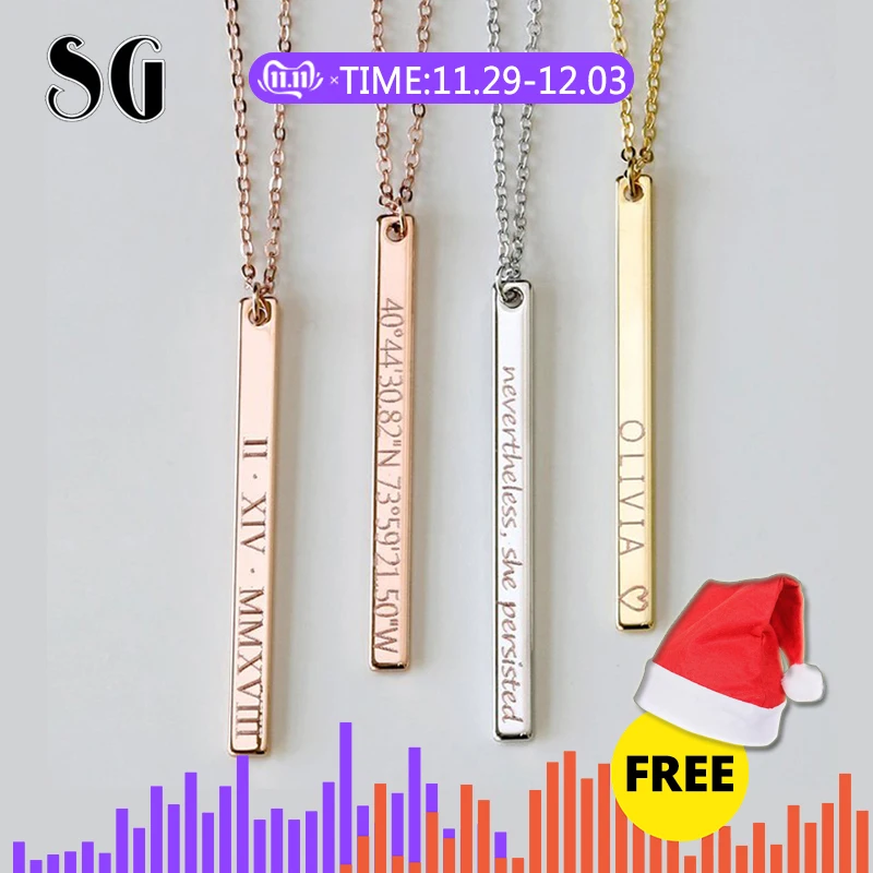 

Custom Personalized Vertical bar silver Necklace Engraved Date Name Pendant Necklace Women Wedding Jewelry Anniversary Mom Gift