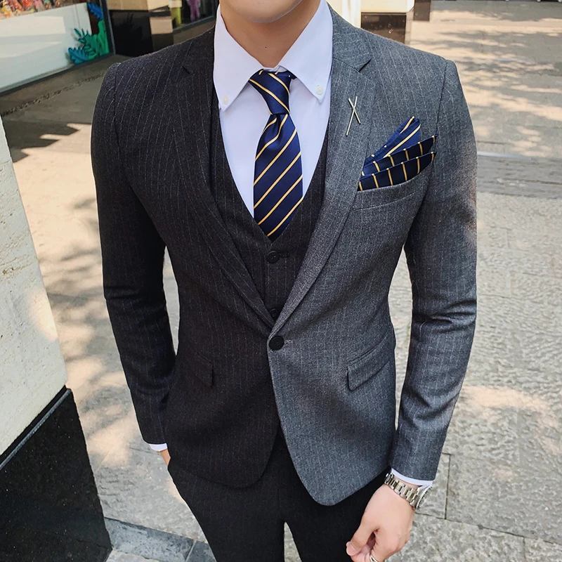 

Splice Stripe Blazer Men Slim Fit Party Office Dress Suit Single Button 3pc Mens Suit Jacket Trajes Azul Hombre Smoking Uomo