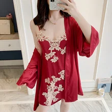 Весенний женский атласный шелковый халат и платье, наборы, Сексуальная кружевная Пижама для сна, пижама без рукавов, женская ночная рубашка+ халат