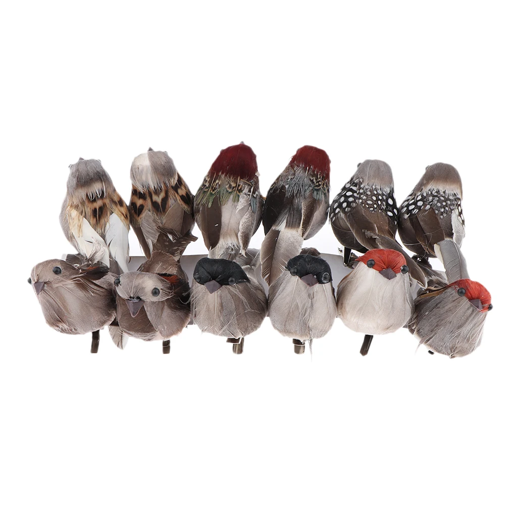 Artificial Bird Feathered Realistic Sparrow Garden Tree Decor Ornament/12Pcs