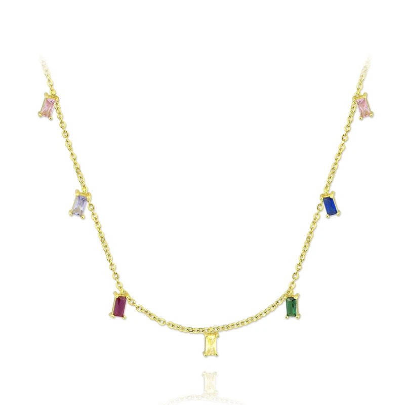 

Charming Crystal Gold Silver Chain Necklace for Women 925 Sterling Silver colorful Rainbow Square Zircon Necklace