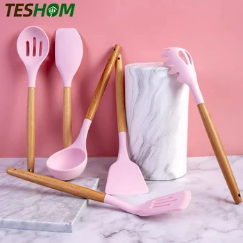 

1PC Pink Kitchen Silicone Cooking Tools Premium Wooden Handle Cooking Utensils Set Turner Tongs Spatula Soup Spoon Accessories