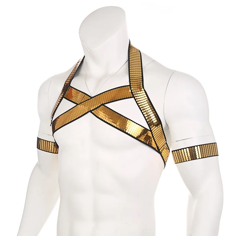 CLEVER-MENMODE Sexy Men’s Golden Shiny Harness Halter Neck Elastic Straps Lingerie Body Chest Men Bondage For Nightclub -Zentai shop online H66a1ae9d806847219a350bc88894540ak.jpg