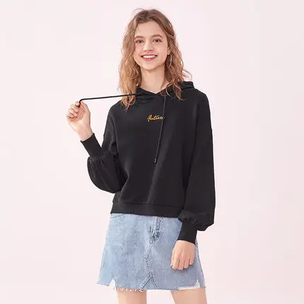 SEMIR Женская толстовка с капюшоном из хлопка с вышивкой, Женский пуловер с капюшоном на подкладке, капюшон на шнурке с пышными рукавами в цвете