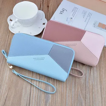 

2019 New Double Zipper Hand-holding Wallet Lady Long Stitched Hit Color Large-capacity Double-layer Wallet Phone Bag