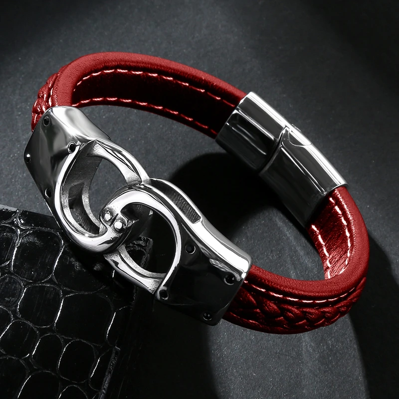 MOZO Модный Ретро мужской браслет из натуральной кожи, браслет из нержавеющей стали, женские высококачественные ювелирные браслеты красного цвета