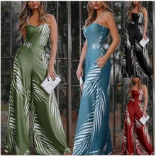

2021 summer new style women's sling jumpsuit fashion v-neck print high waist female slim casual jumpsuit