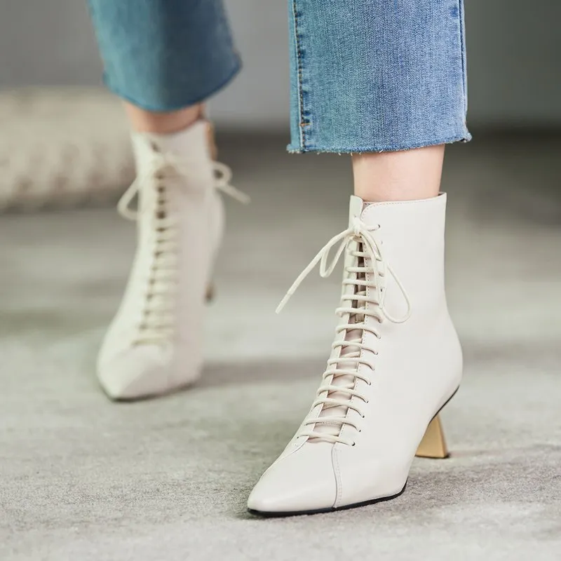 AUMER INS HOT Size 34-43 New women's genuine leather boots lace up high heels autumn winter sexy ankle boots female short botas