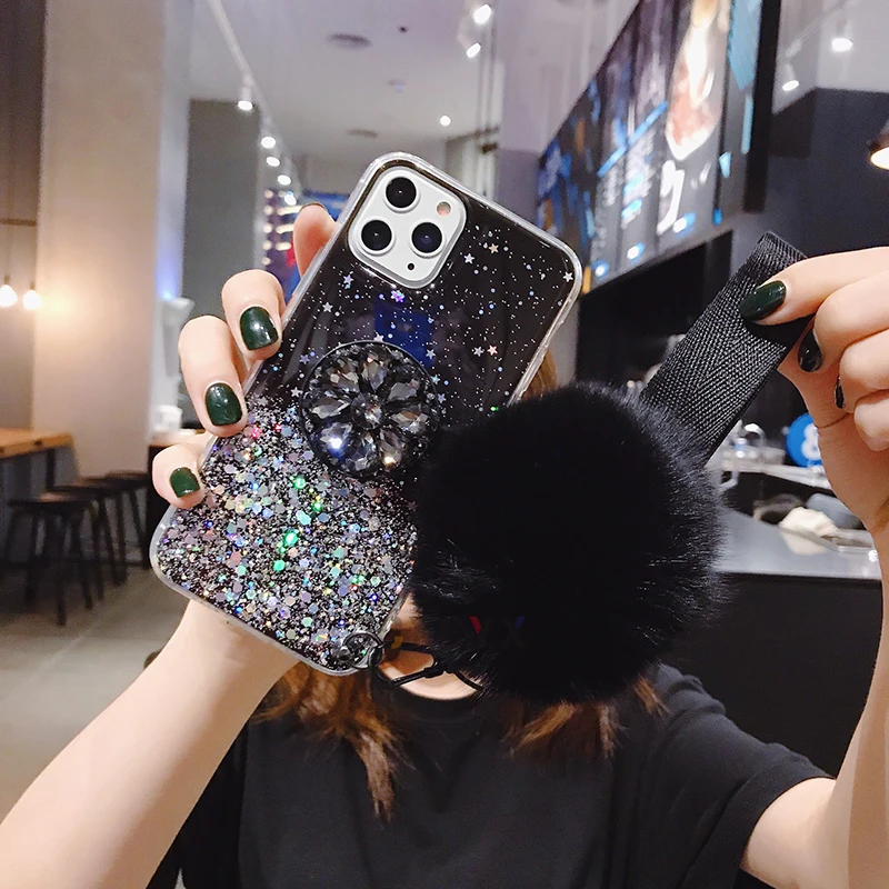 3D держатель алмаза стенд блеск Hairball мягкий чехол для iPhone X XR XS 11 Pro Max 6 7 8 plus для samsung S8 S9 S10 Note A50 - Цвет: 1