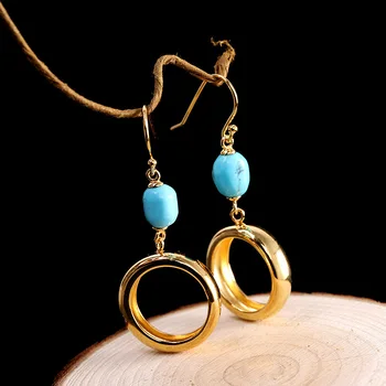 

L&P Retro Real 925 Sterling Silver Circle Drop Earrings For Lady Women Turquoise Gemstone Handmade Fine Jewelry 2020