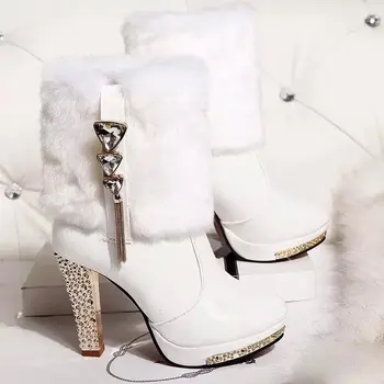 

2020 New Bling High Heels Rabbit Fur Boots Women Plush Warm Platform Shoes Elegant Crystal Lady Wedding Party High-heeled Shoes
