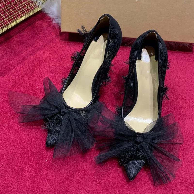 Mesh Butterfly-knot Thin High Heels Pumps Women Romantic Lace Fringe Chaussures Femme Party Wedding Single Shoes Woman White