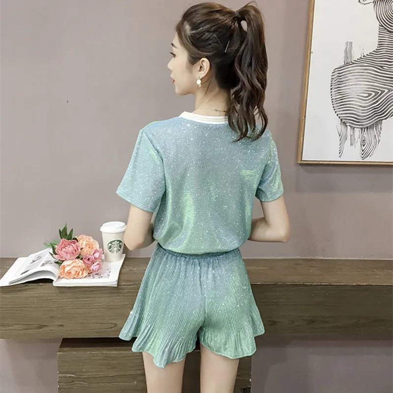 Модный летний блестящий комплект из двух предметов Женская свободная футболка с
