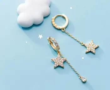 

Authentic 100% 925 Sterling Silver fine Jewelry GOLD Star zirconia set hip hop Hoop HUggie Earrings Tassel Bohi gtle2909