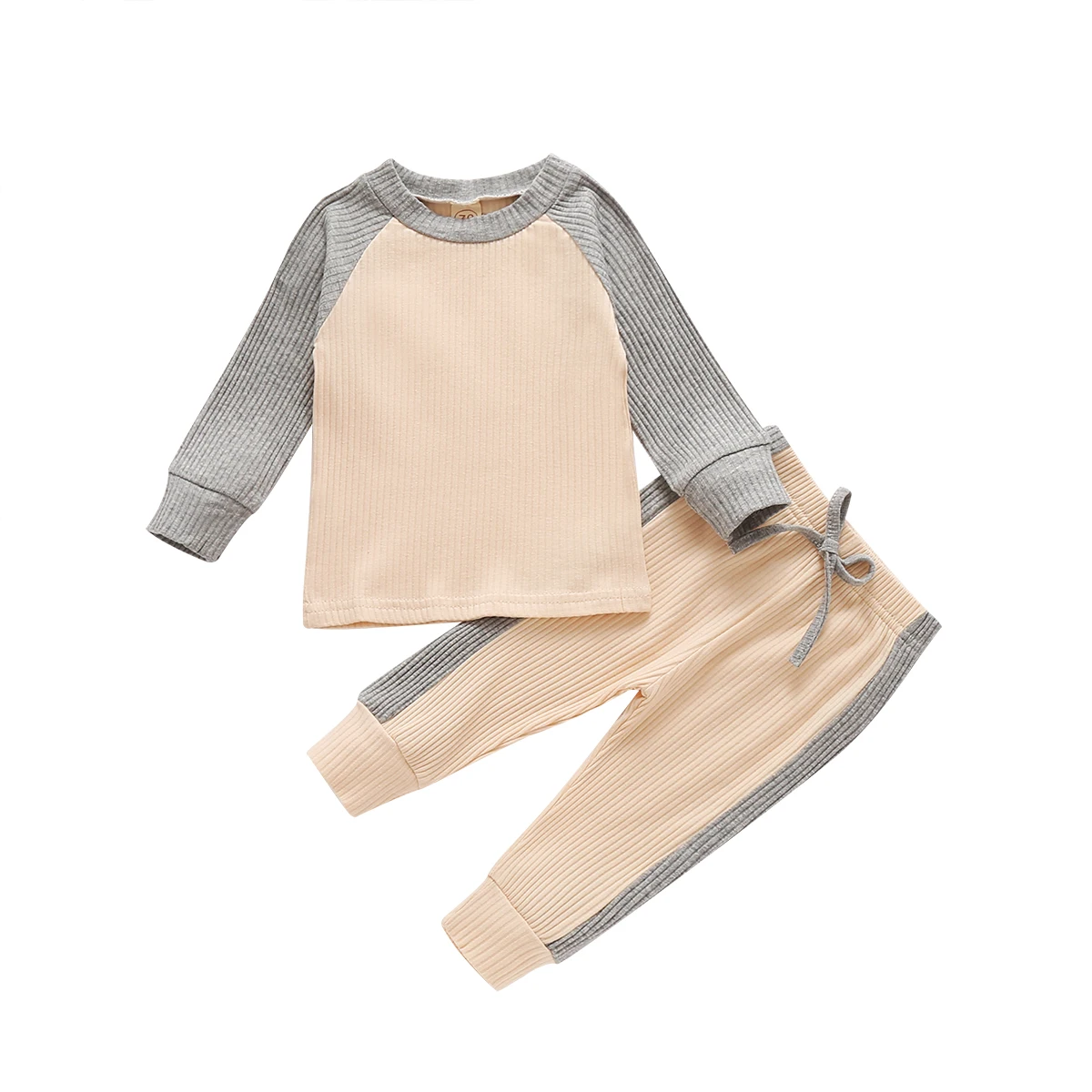 

Baby Fall Shirt Jogger Pants Suit Knitting Patchwork Dye Printed Lace-up Waist Round Neck Long Sleeve Clothes