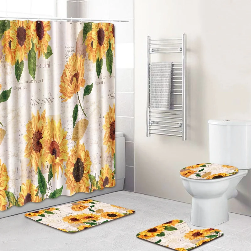 180X180Cm Waterproof Bathroom Shower Curtain Toilet Cover Mat Non-Slip Rug Set 6x Hooks