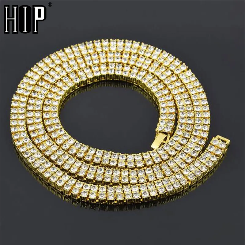 

Hip Hop 2 Row CZ Iced Out Chain Rhinestone Bling Tennis Chain Necklace Micro Pave Cubic Zircon Copper Chain Gold Filled 30inch