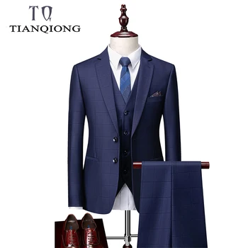

2020 Latest Coat Pant Designs Brand Men Suit Classic 3 Piece Men's Wedding Groom Suits Slim Fit Plaid Suits Jacket Pants Vest
