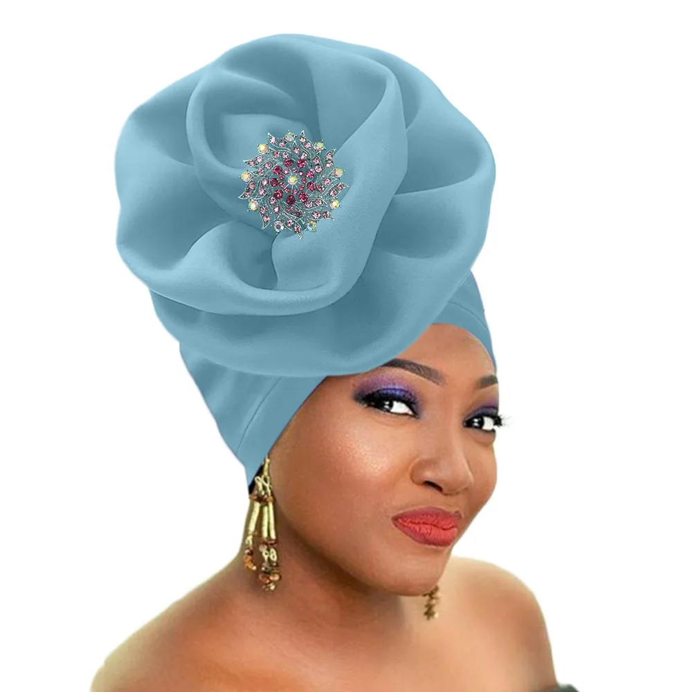 African headtie women auto gele stretch turban rose flower shape headwraps (7)