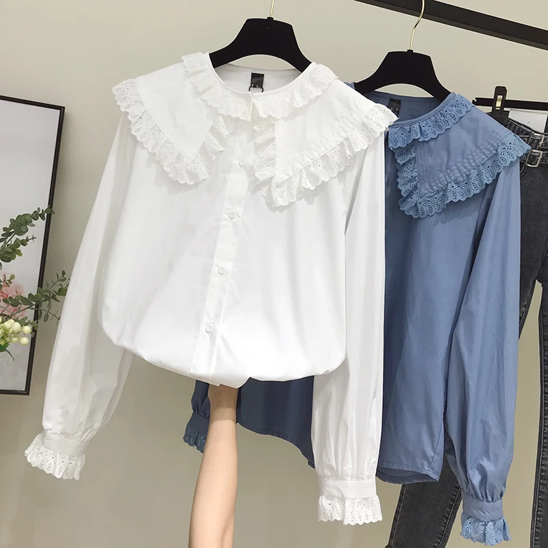 Female Blouses Ruffle-Shirt Collar Colthing Long-Sleeve Plus-Size Tops Doll Spring Casual