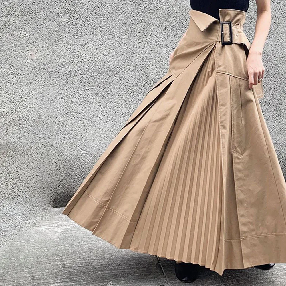 

Asymmetrical Casual Pleated Skirt Women Plain Ankle Length Khaki Harajuku Hipster Office Ladies Plus Size High Waist Long Skirts