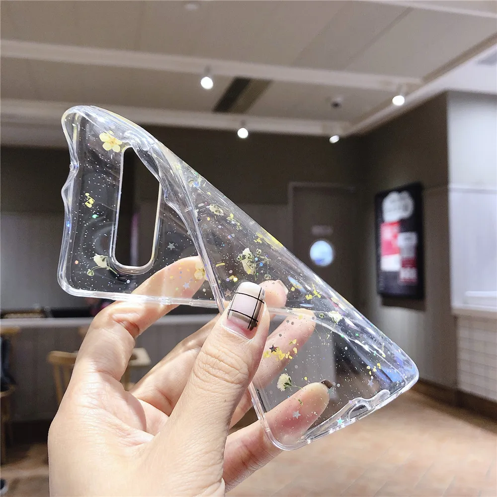 Elegant Real Dried Flower Glitter Soft Clear Phone Case