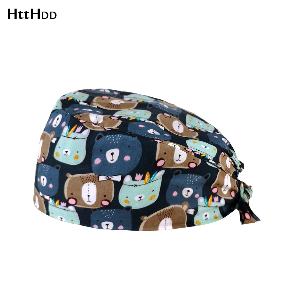 

Postpartum health Center spa Tooth beauty work scrub hat new Built-in Sweat towel cute cartoon bear print scrubsTieback cap