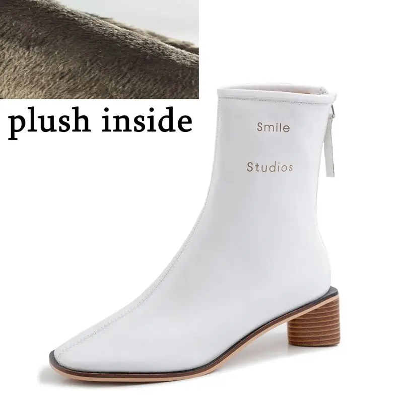 plush inside ALLBITEFO/женские ботинки из натуральной кожи; однотонные ботильоны; модные ботинки для отдыха; сезон осень-зима; удобная дышащая обувь - Цвет: plush inside