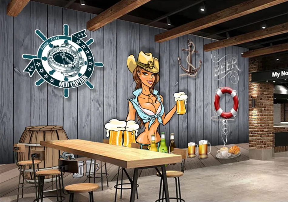 European and American Style Retro Wood Board Background Beer Mural Wallpaper Restaurant Bar KTV Industrial Decor Wall Paper 3D