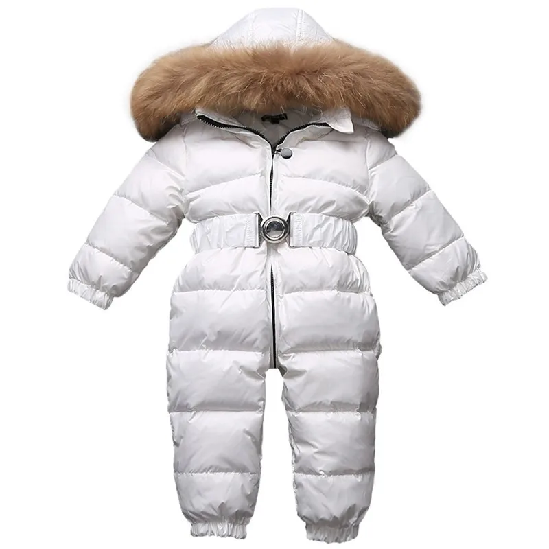 Детский комбинезон, пуховое пальто с меховым капюшоном, плотная зимняя одежда на белом утином пуху для малышей от 9 до 24 месяцев, зимняя пуховая куртка для новорожденных, верхняя одежда - Цвет: Белый