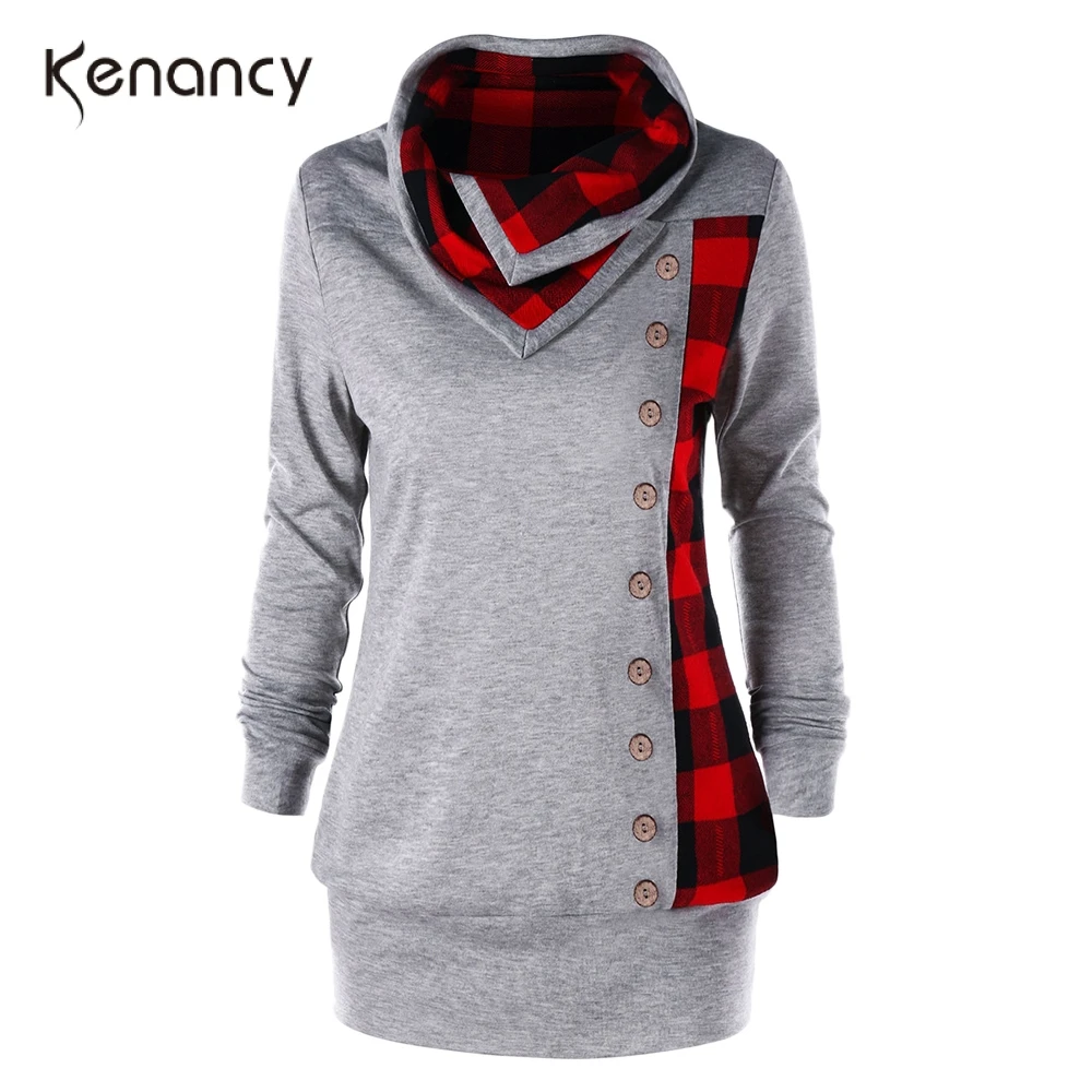 

Kenancy Sweatshirts Women Plus Size Plaid Cowl Neck Long Sleeve Sweatshirts Casual Button Long Hoodies Tops Fashion Pullovers