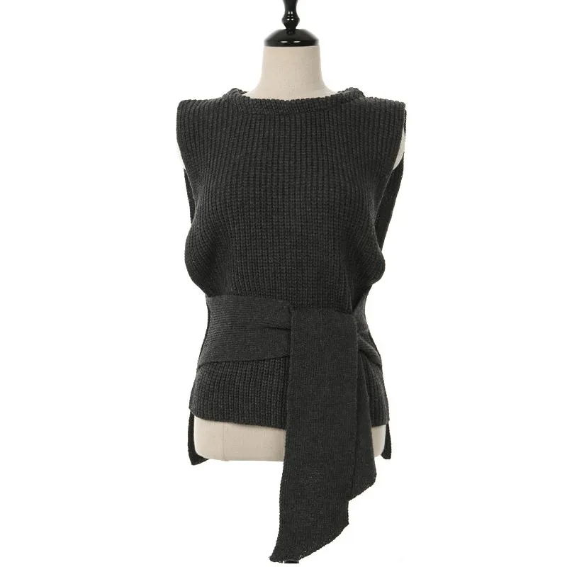 New Arrival Lace Up Sleeveless Pullover Women Knitted Sweater Solid Office Lady Vest Fashion Casual Female Sweaters Vest DS50856