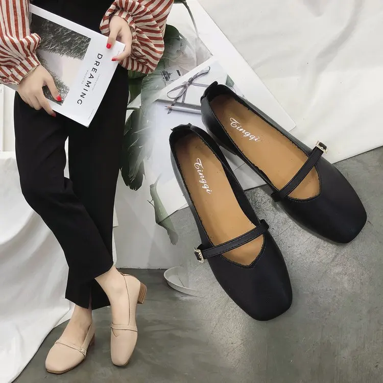 

With Buckle Solid Women Basic Low Heel Pumps Shallow Square Toe Fashion Slip-On Single Shoes Casual Concise Ladies Pumps
