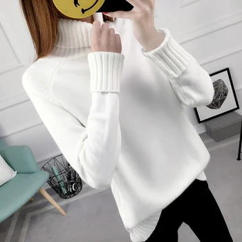 

Winter Knitted Women Sweater White Turtleneck Plus Size Pullover Jumper Fall Femme Solid Color Pull Sweaters