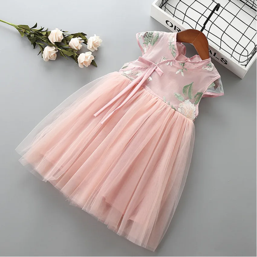 

2019 New Summer Chinese Style Bow Flower Kid Children Girl Clothing Party Formal Princess Dress 3-7 Year High Quality Girl Dress
